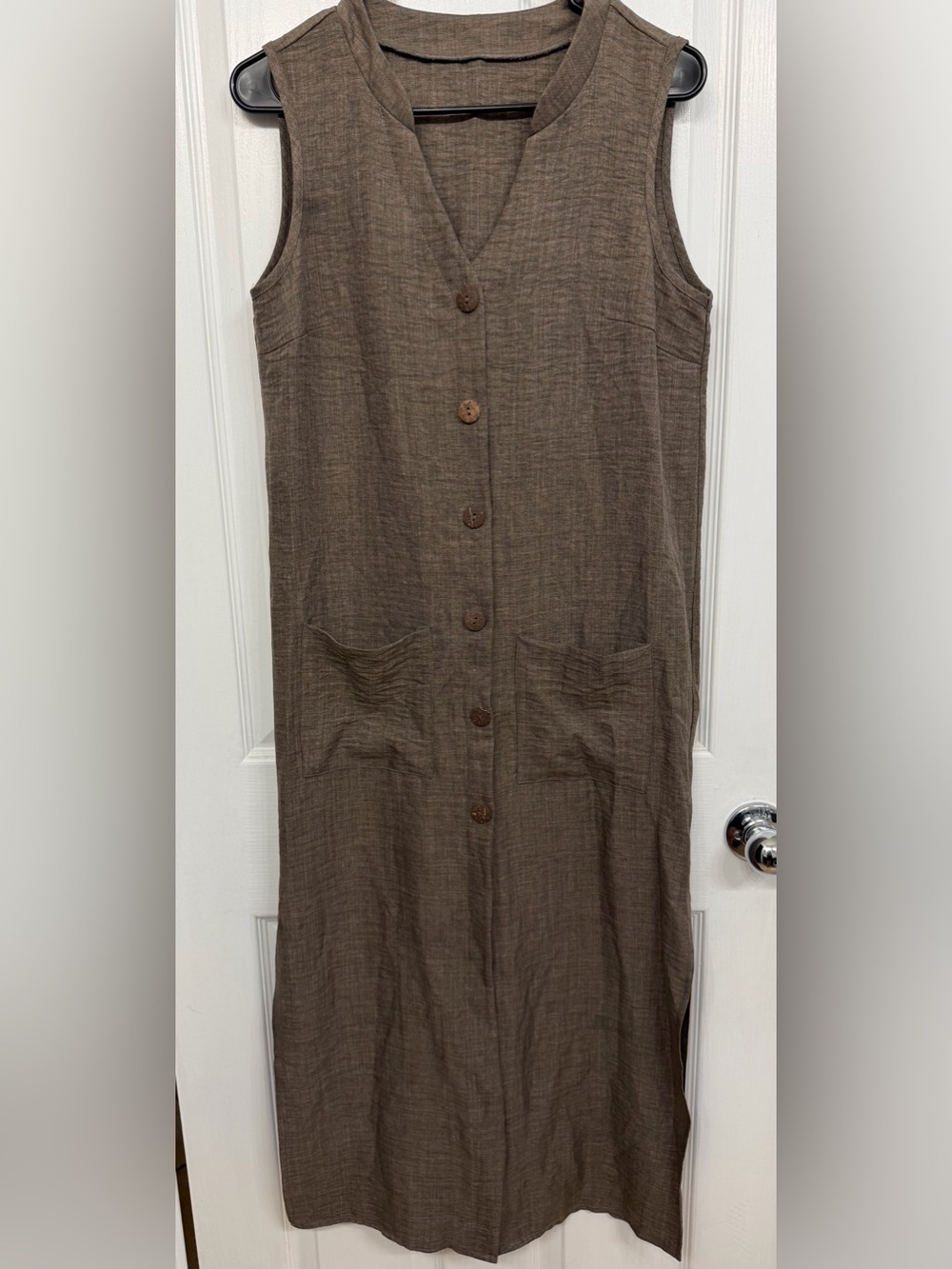 Sleeveless Button-Front Brown Linen-Blend Dress